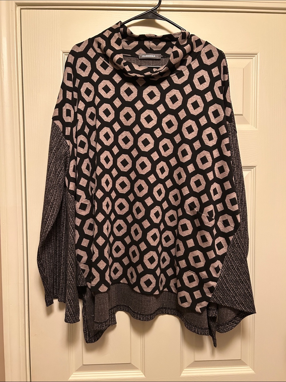 Alembika Women's Black and Taupe Geometric Cowl Neck Top